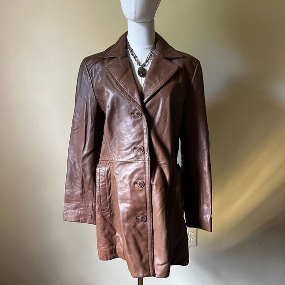 Vintage Nine West Brownβ Leather Coat Large Button Front Y2K Trench Jacket - Picture 1 of 11